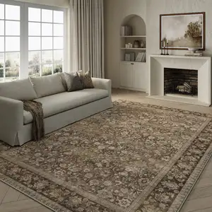 Photo of Brown And Red Floral Washable Area Rug