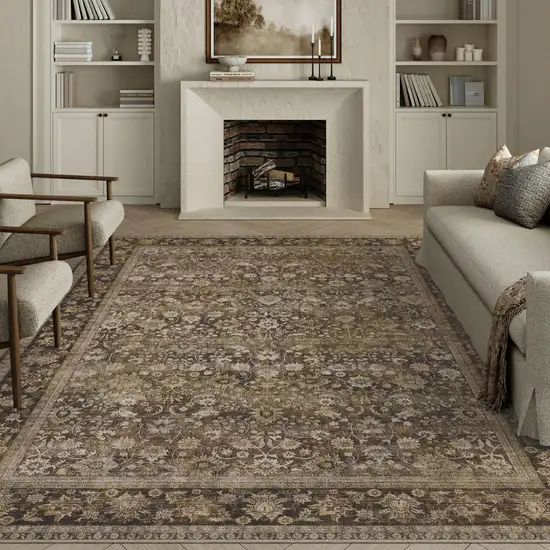 Brown Ivory And Tan Floral Medallion Washable Area Rug Photo 4