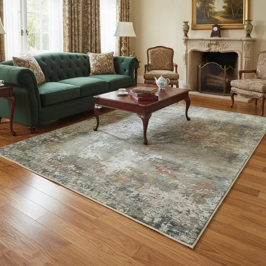 Ivory Light Green And Blue Abstract Washable Area Rug Photo 1