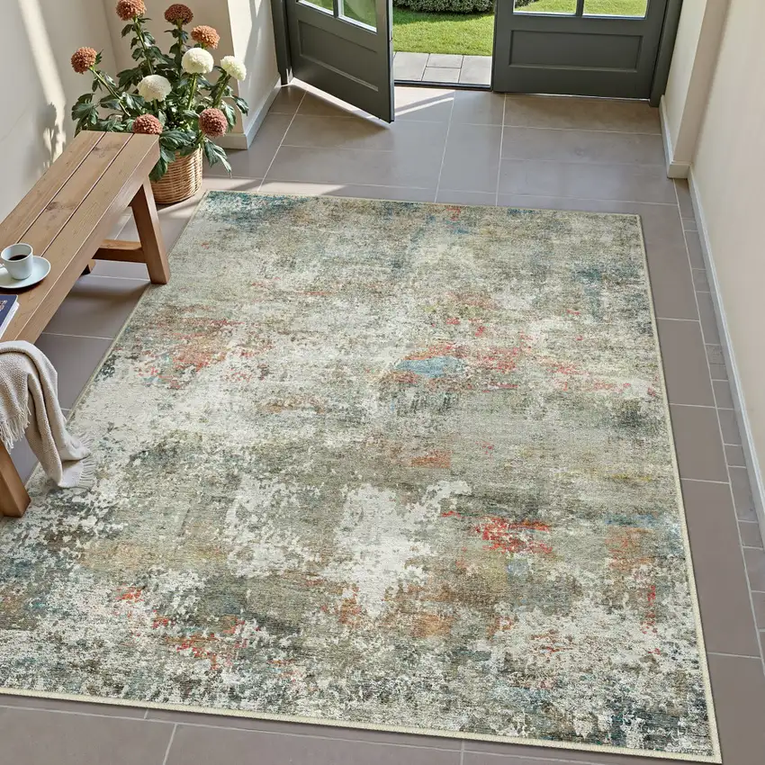 Brown And Red Floral Washable Area Rug Photo 1