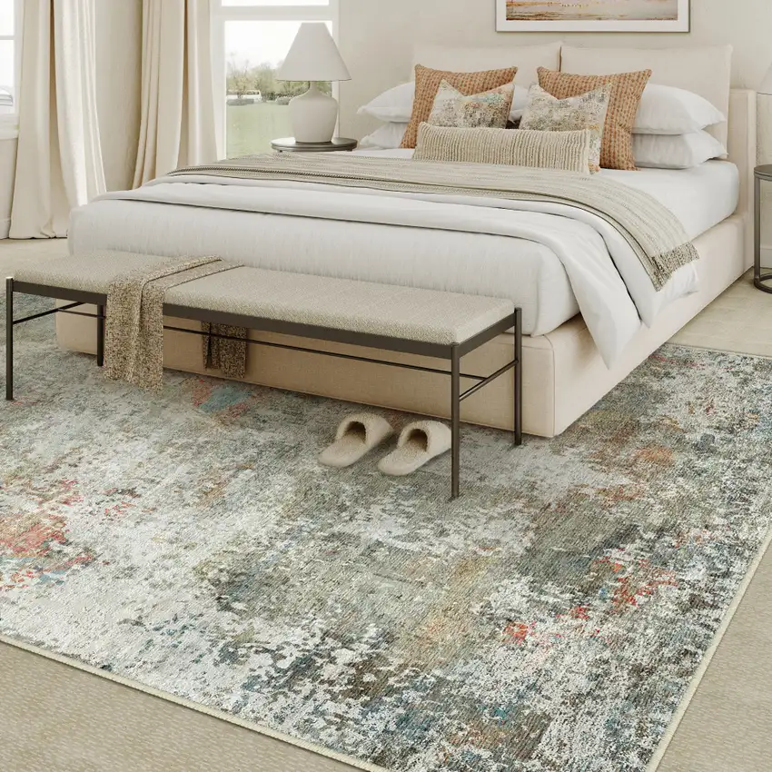 Ivory Light Green And Blue Abstract Washable Area Rug Photo 6