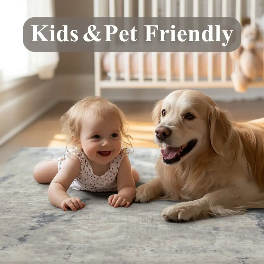 Ivory And Slate Blue Abstract Washable Area Rug Photo 6