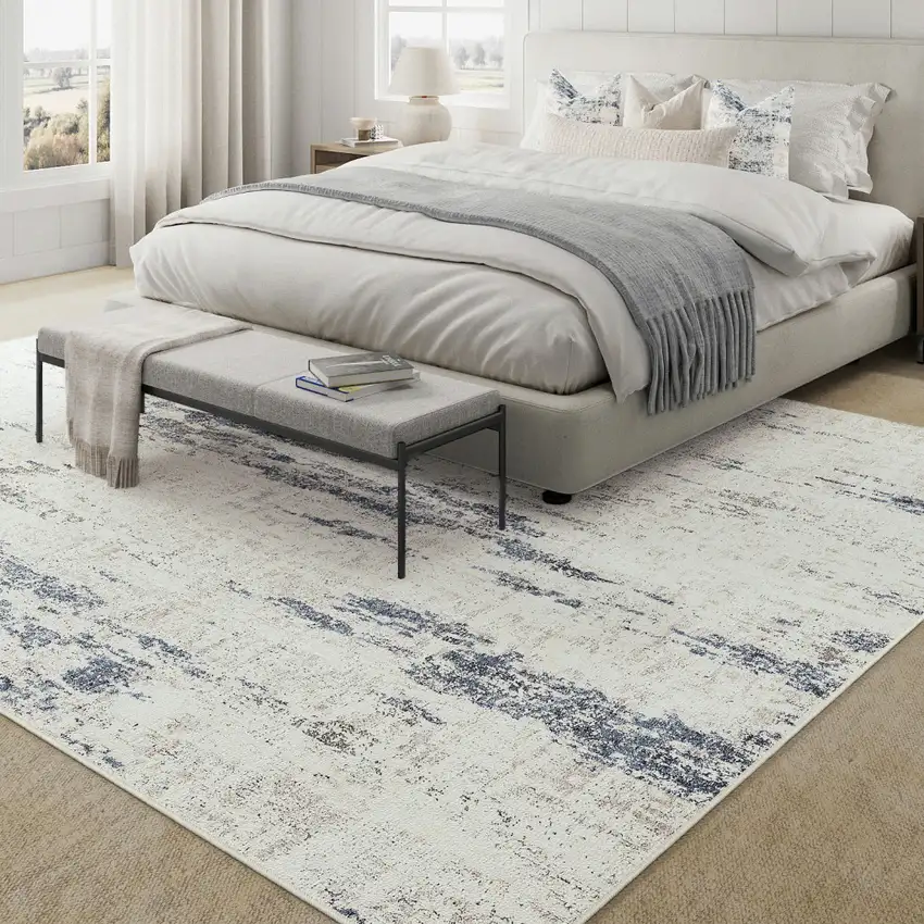 Ivory And Slate Blue Abstract Washable Area Rug Photo 5