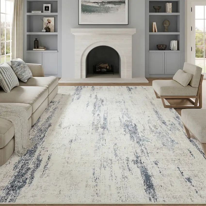 Ivory And Slate Blue Abstract Washable Area Rug Photo 4