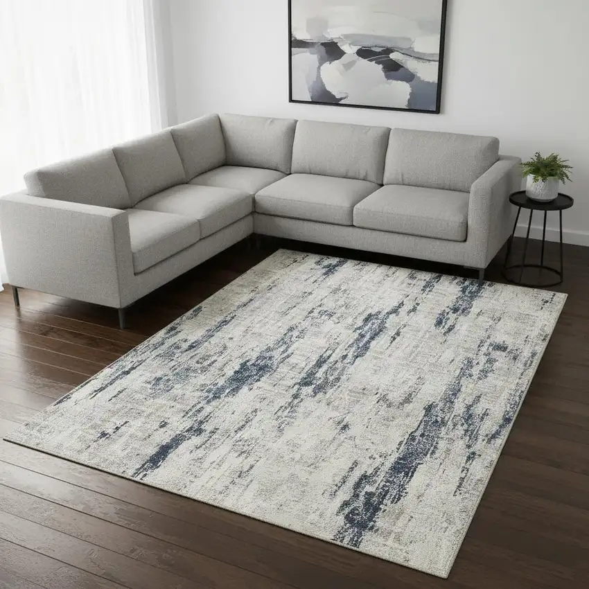 Ivory And Slate Blue Abstract Washable Area Rug Photo 1