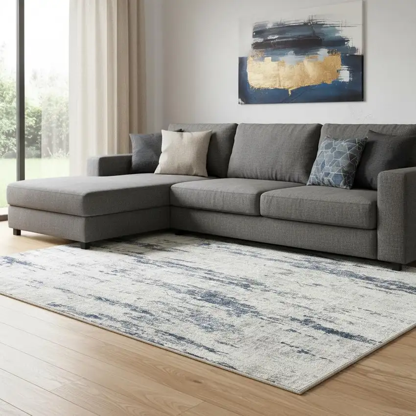 Ivory And Slate Blue Abstract Washable Area Rug Photo 1