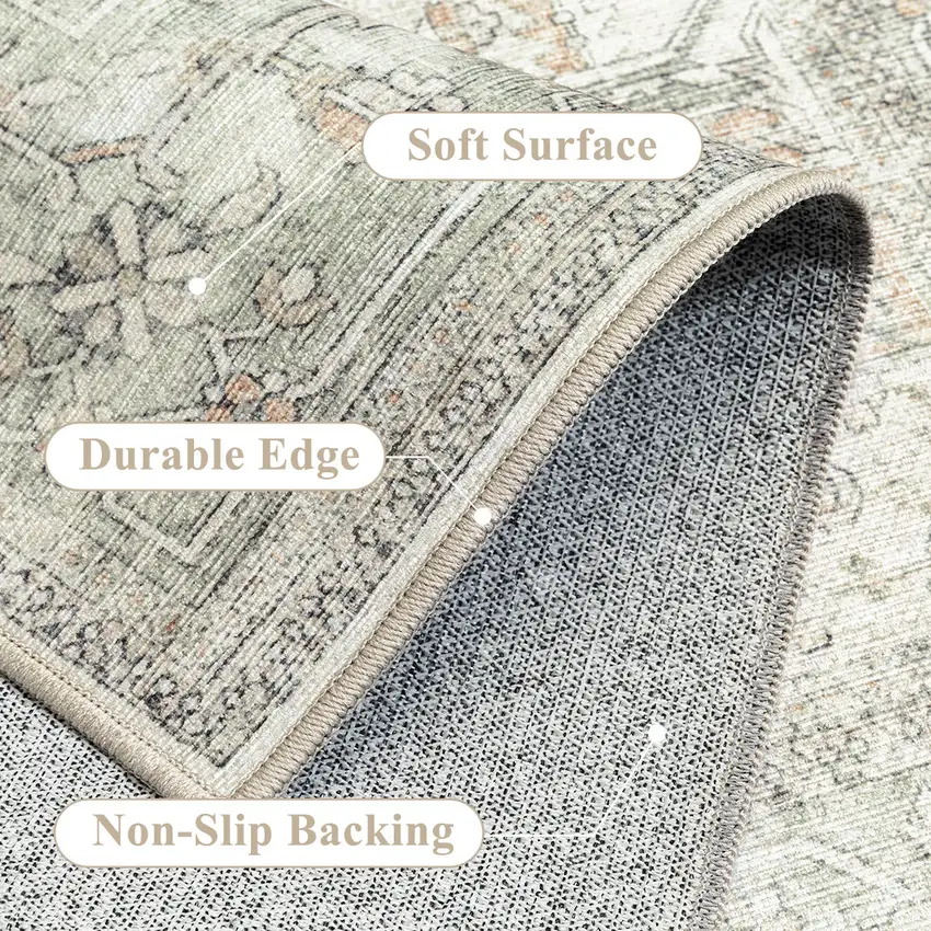 Brown Ivory And Light Green Floral Washable Area Rug Photo 8