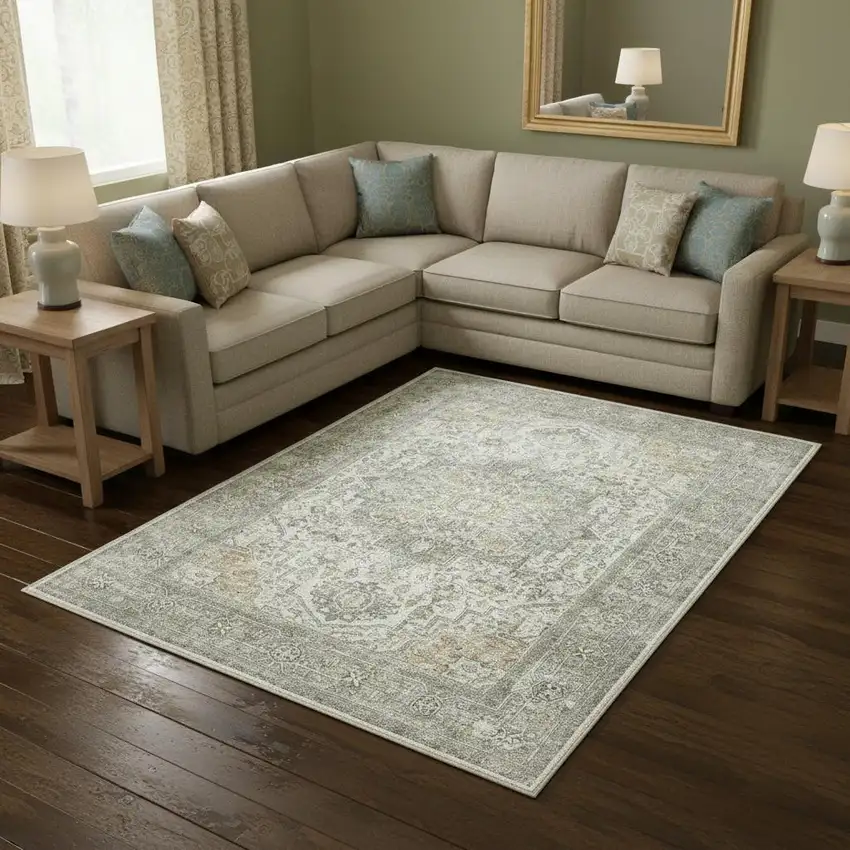 Brown Ivory And Light Green Floral Washable Area Rug Photo 1