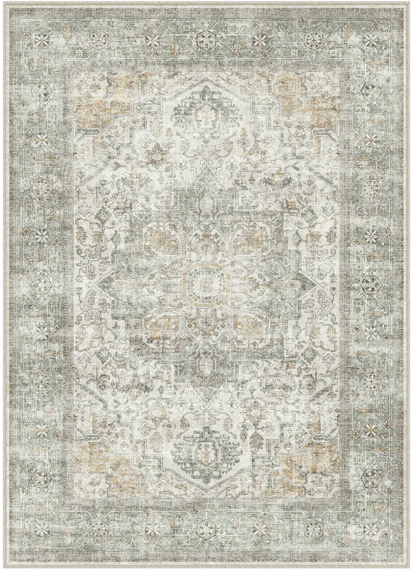 Brown Ivory And Light Green Floral Washable Area Rug Photo 2