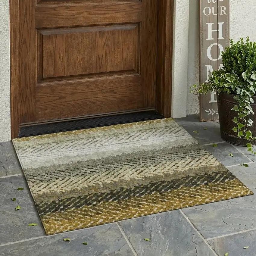 Brown And Sage Striped Washable Indoor Outdoor Area Rug Photo 1