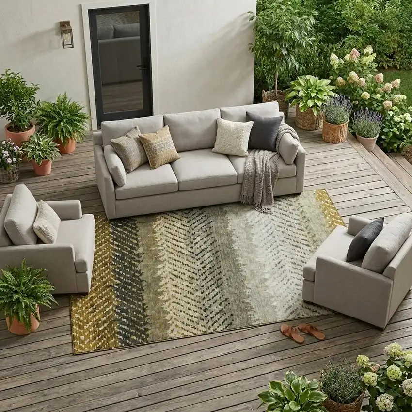 Brown And Sage Striped Washable Indoor Outdoor Area Rug Photo 1