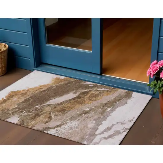 Brown And Silver Abstract Washable Indoor Outdoor Area Rug Photo 2