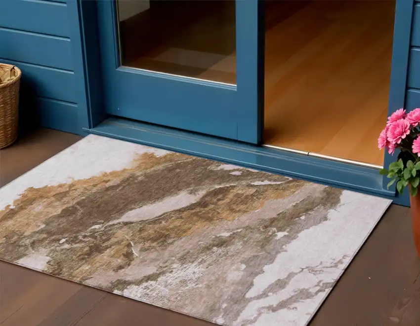 Brown And Silver Abstract Washable Indoor Outdoor Area Rug Photo 2