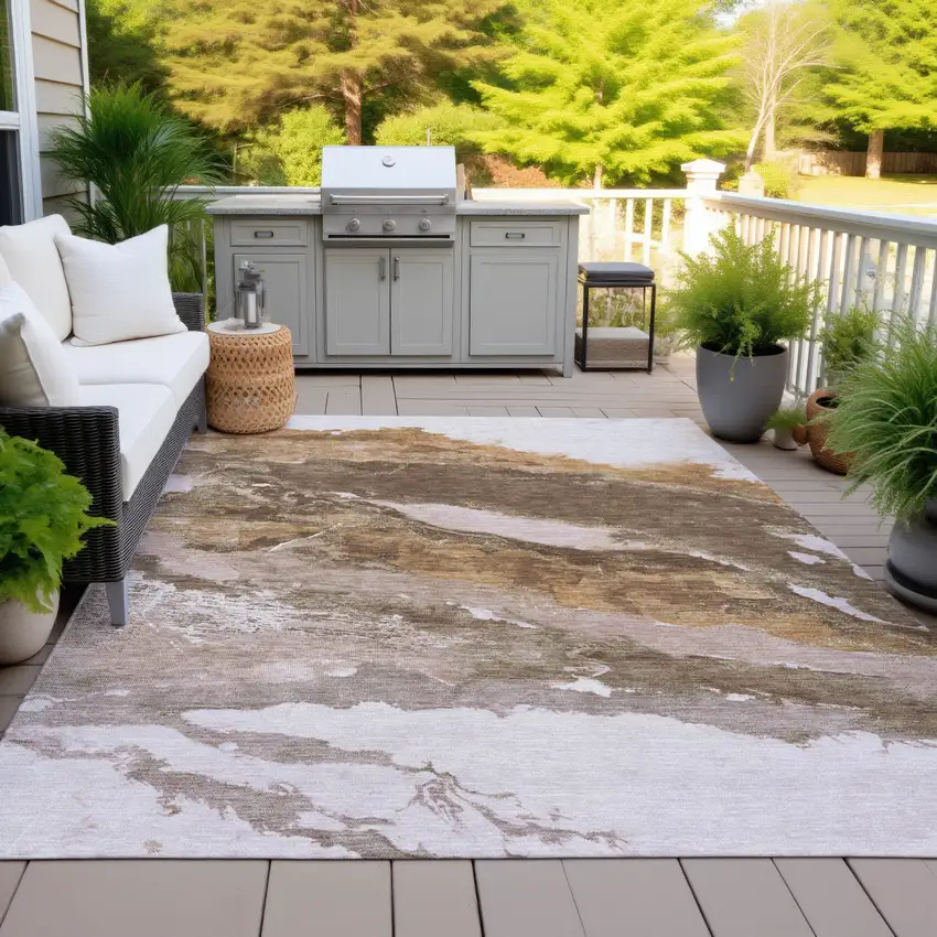 Brown And Silver Abstract Washable Indoor Outdoor Area Rug Photo 4