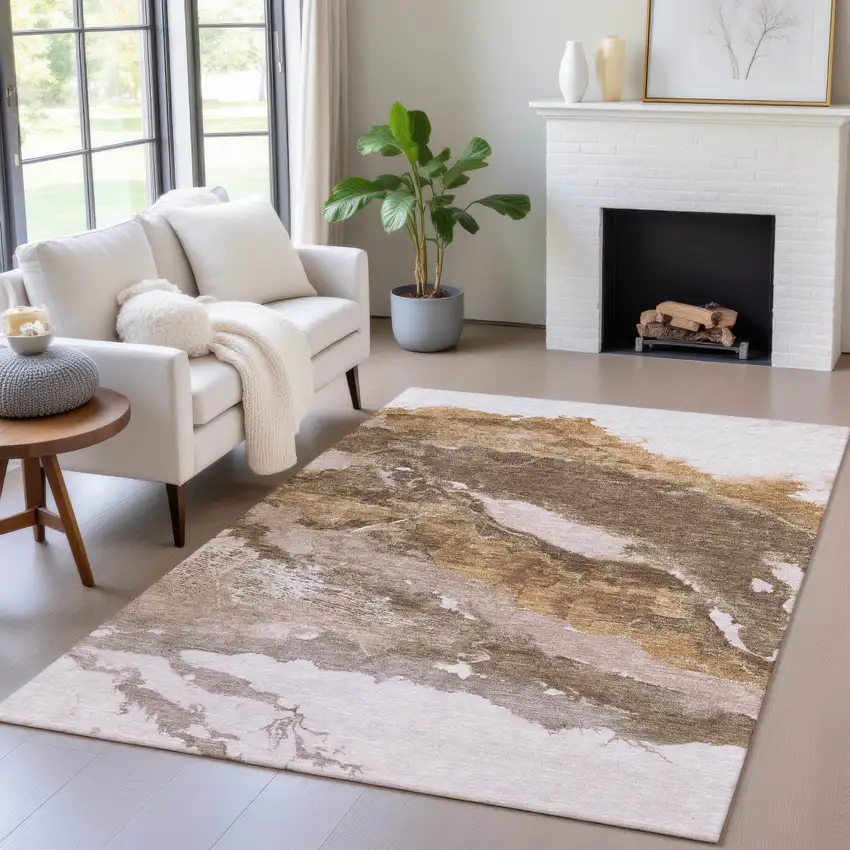 Brown And Silver Abstract Washable Indoor Outdoor Area Rug Photo 5