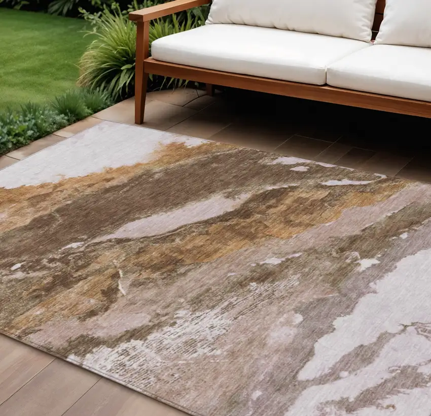 Brown And Silver Abstract Washable Indoor Outdoor Area Rug Photo 2
