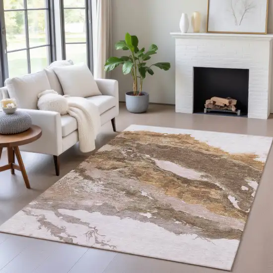 Brown And Silver Abstract Washable Indoor Outdoor Area Rug Photo 6