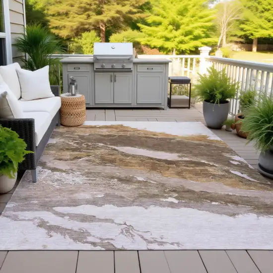 Brown And Silver Abstract Washable Indoor Outdoor Area Rug Photo 5