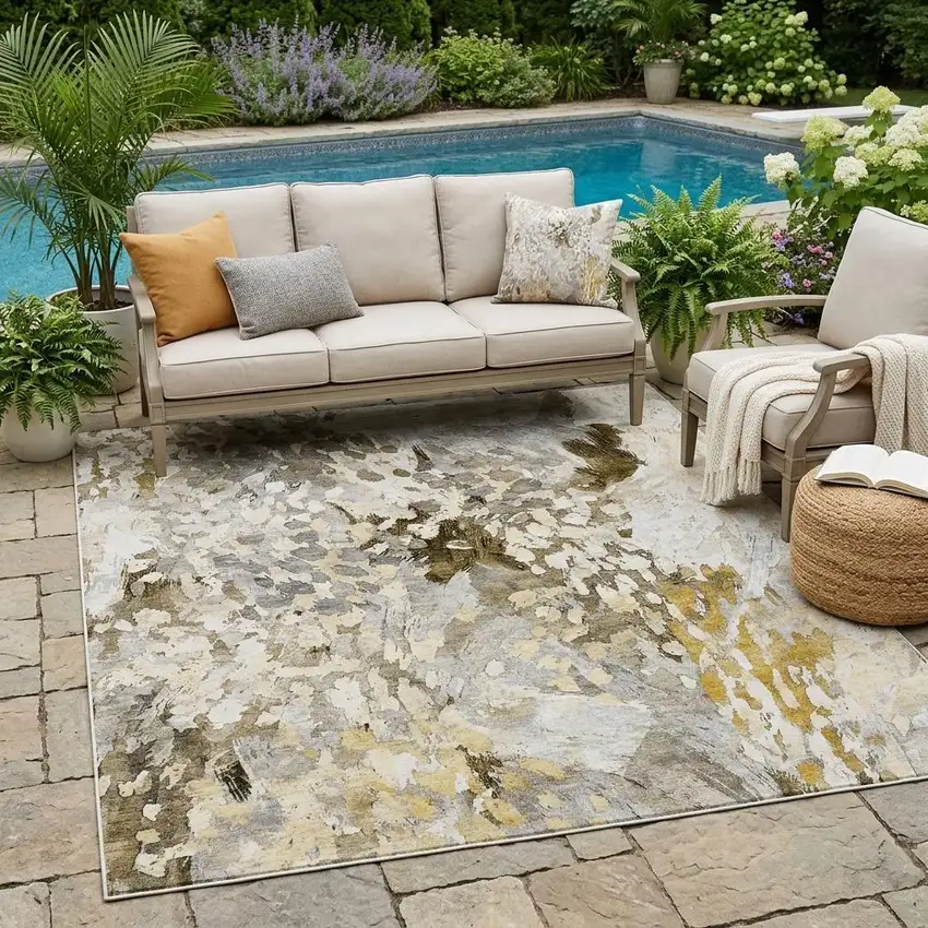 Brown And Silver Abstract Washable Indoor Outdoor Area Rug Photo 1