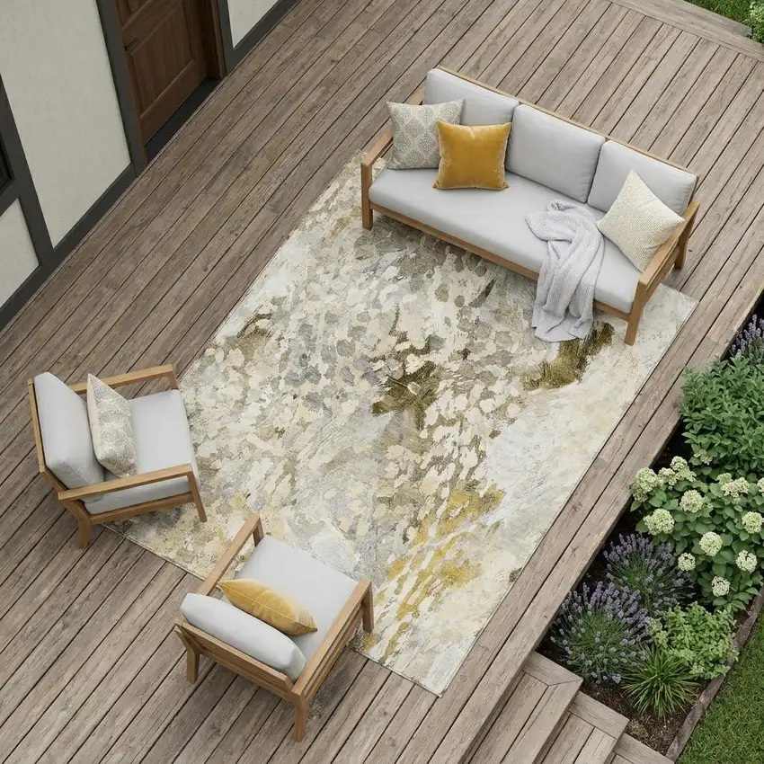 Brown And Silver Abstract Washable Indoor Outdoor Area Rug Photo 1