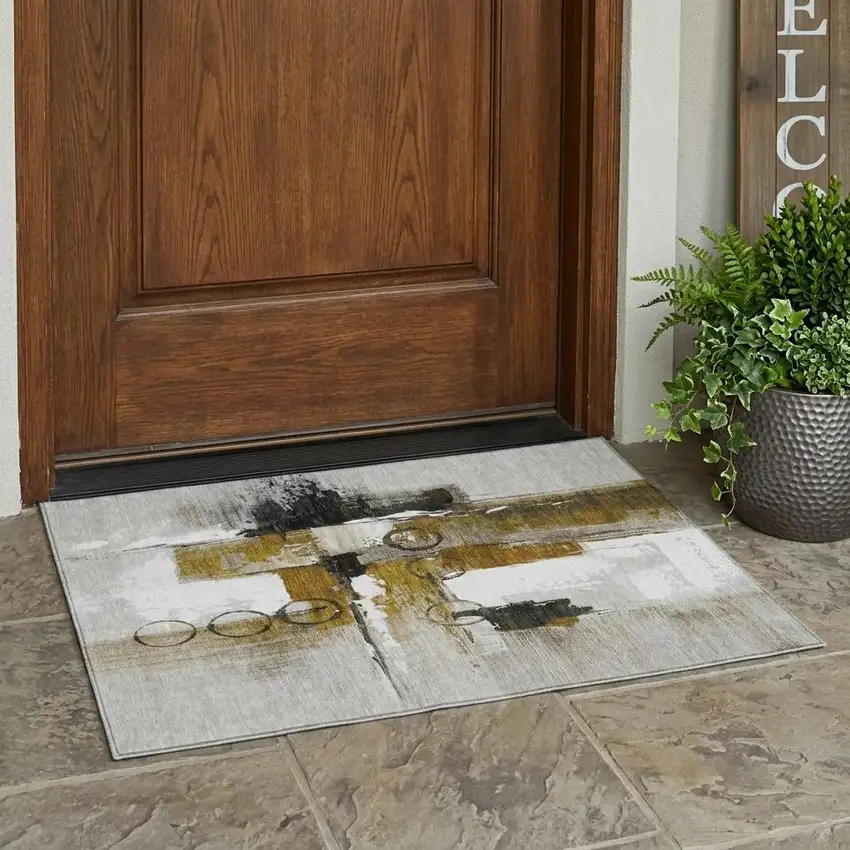 Brown And Silver Abstract Washable Indoor Outdoor Area Rug Photo 1