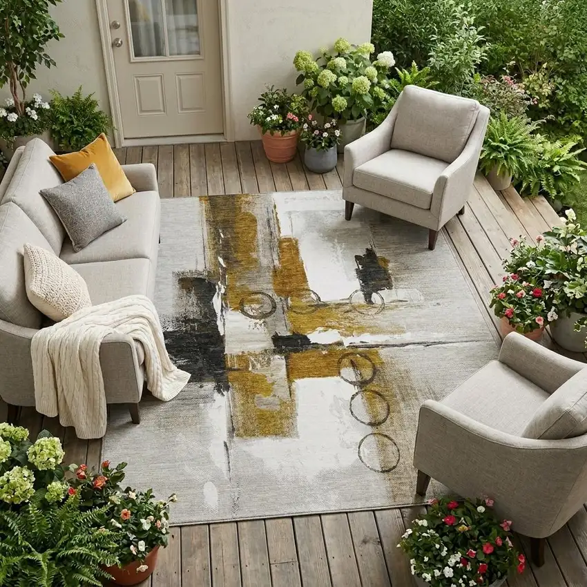 Brown And Silver Abstract Washable Indoor Outdoor Area Rug Photo 1