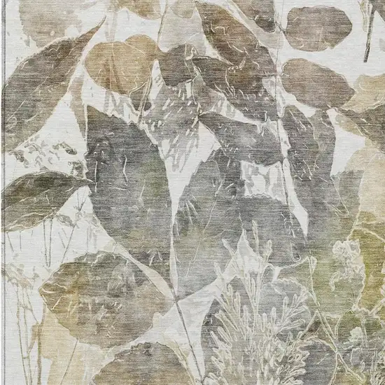 Brown And Silver Botanical Leaves Washable Indoor Outdoor Area Rug Photo 1