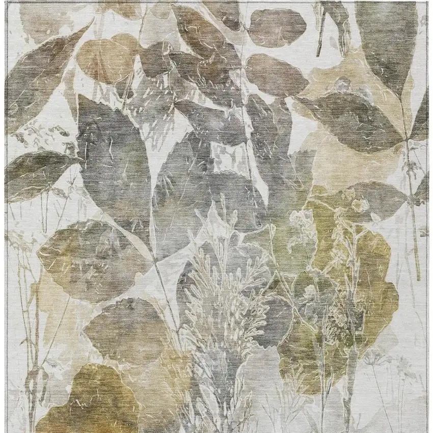 Brown And Silver Botanical Leaves Washable Indoor Outdoor Area Rug Photo 6