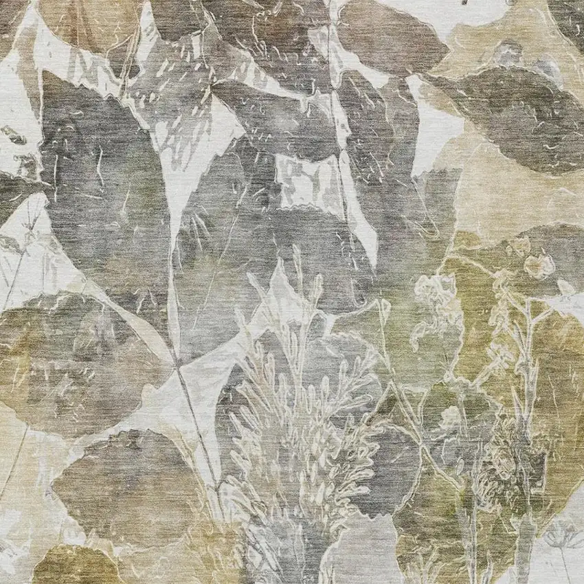 Brown And Silver Botanical Leaves Washable Indoor Outdoor Area Rug Photo 4