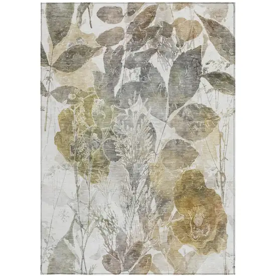Brown And Silver Botanical Leaves Washable Indoor Outdoor Area Rug Photo 1