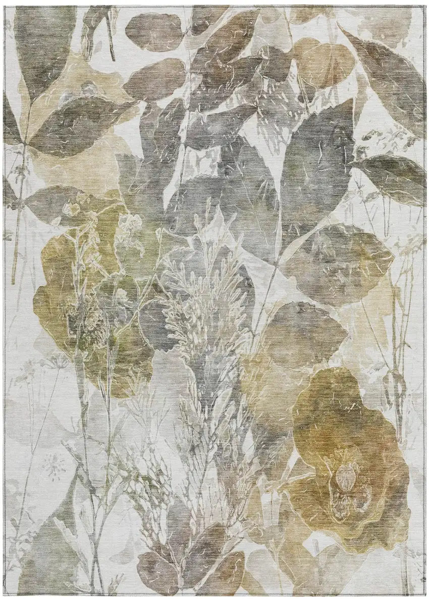 Brown And Silver Botanical Leaves Washable Indoor Outdoor Area Rug Photo 1