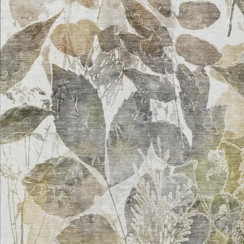 Brown And Silver Botanical Leaves Washable Indoor Outdoor Area Rug Photo 4