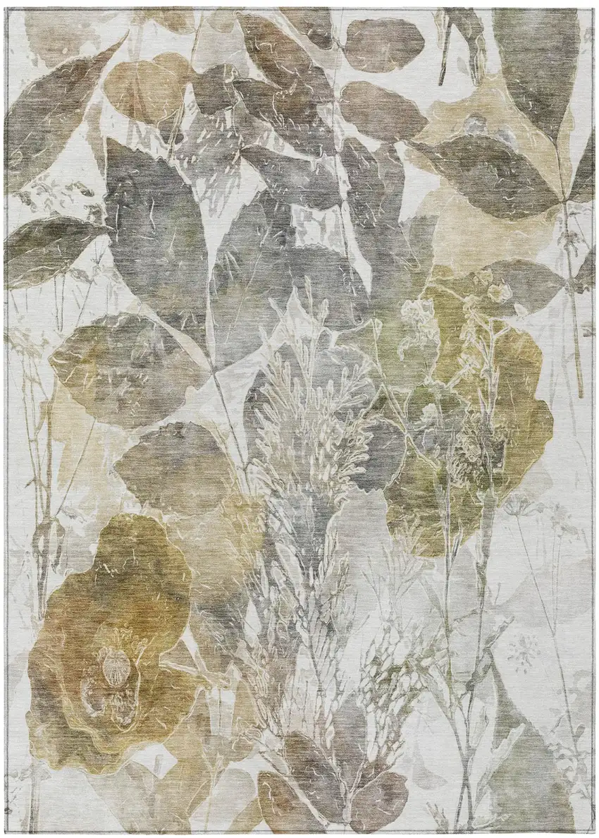 Brown And Silver Botanical Leaves Washable Indoor Outdoor Area Rug Photo 3