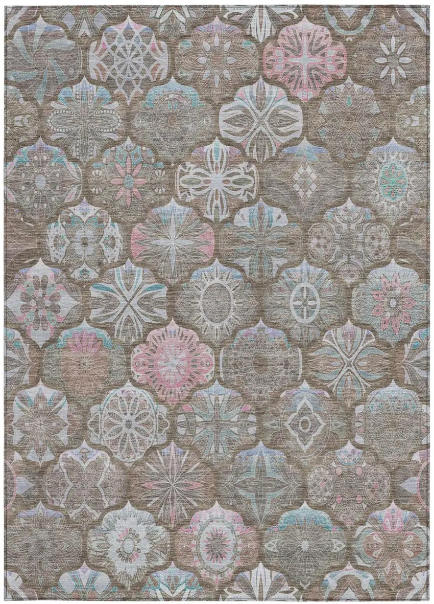 Brown And Silver Ogee Washable Indoor Outdoor Area Rug Photo 2
