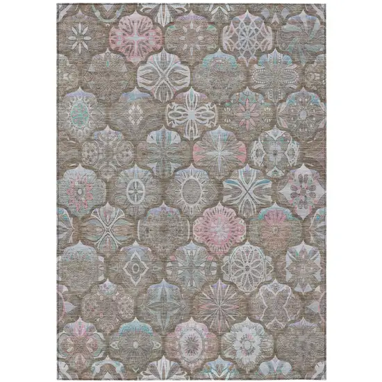 Brown And Silver Ogee Washable Indoor Outdoor Area Rug Photo 3