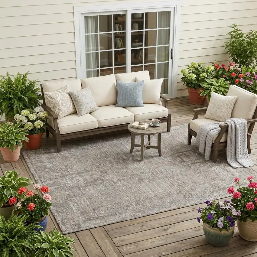 Brown And Silver Oriental Washable Indoor Outdoor Area Rug Photo 1