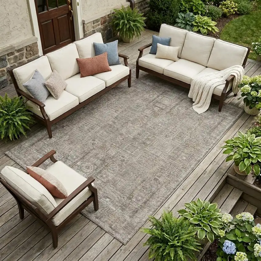 Brown And Silver Oriental Washable Indoor Outdoor Area Rug Photo 1