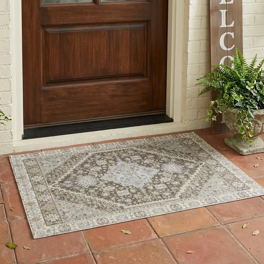 Brown And Silver Oriental Washable Indoor Outdoor Area Rug Photo 1