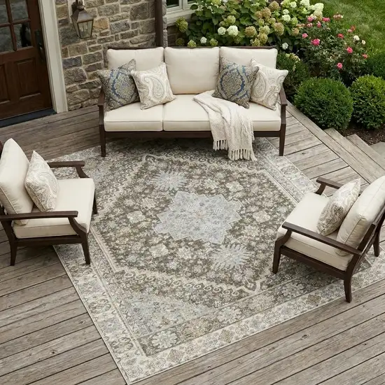 Brown And Silver Oriental Washable Indoor Outdoor Area Rug Photo 1
