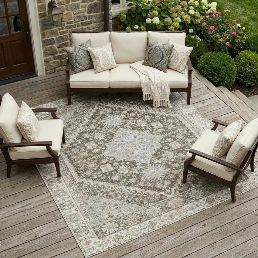 Brown And Silver Oriental Washable Indoor Outdoor Area Rug Photo 1