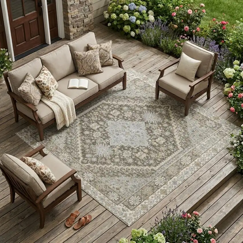 Brown And Silver Oriental Washable Indoor Outdoor Area Rug Photo 1