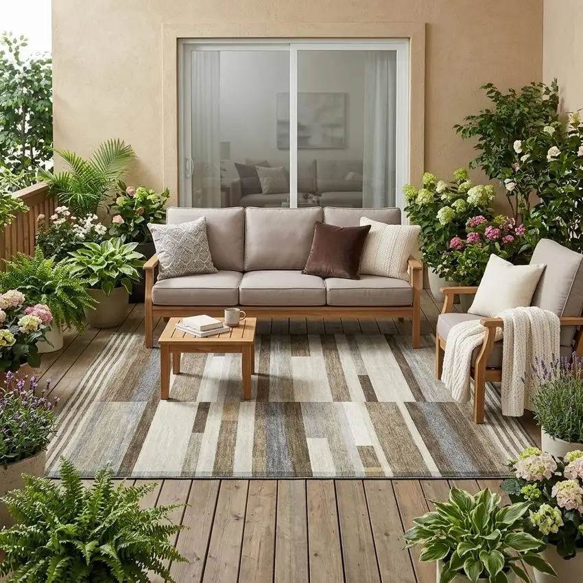 Brown And Silver Striped Washable Indoor Outdoor Area Rug Photo 1