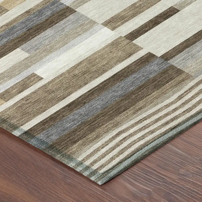 Brown And Silver Striped Washable Indoor Outdoor Area Rug Photo 3