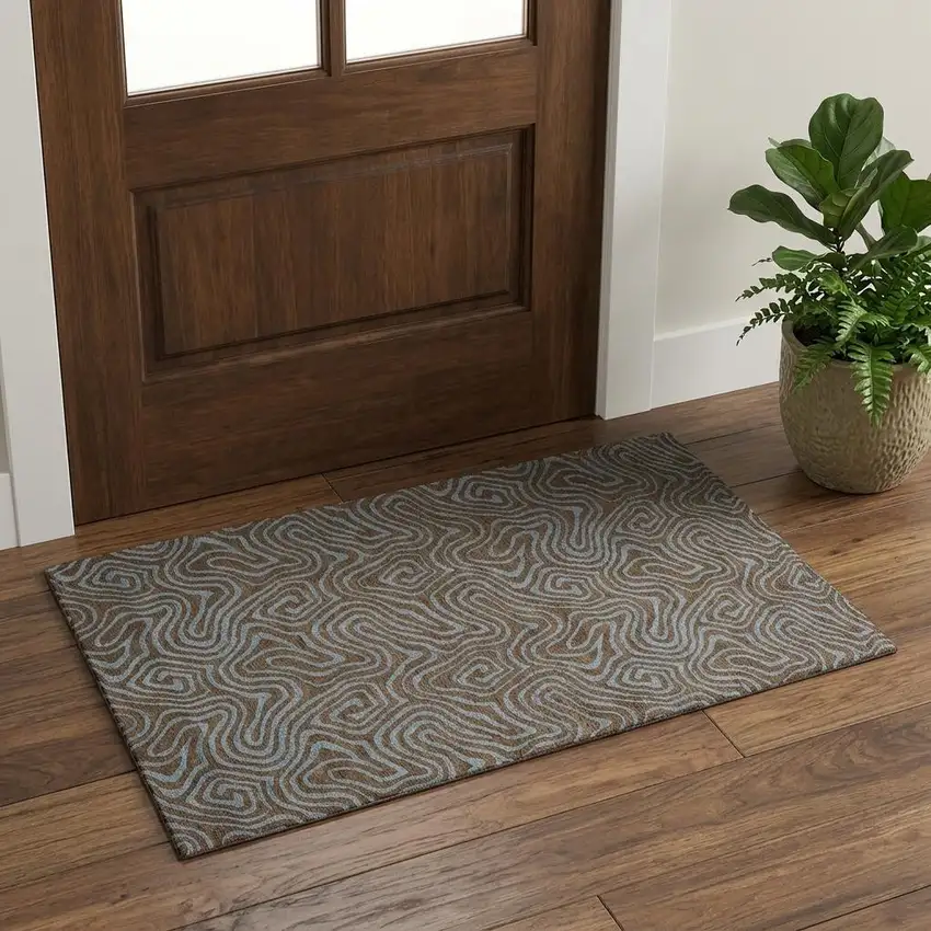 Brown And Sky Blue Abstract Washable Area Rug With UV Protection Photo 1