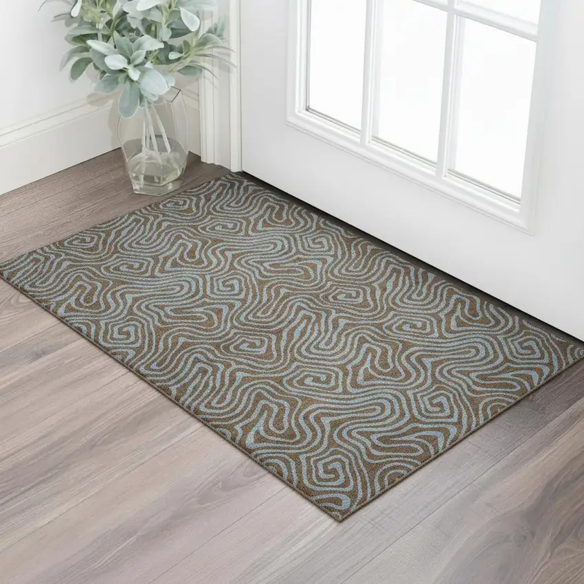 Brown And Sky Blue Abstract Washable Area Rug With UV Protection Photo 2
