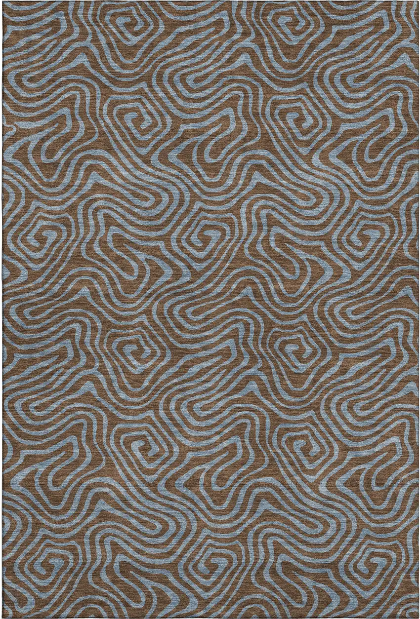 Brown And Sky Blue Abstract Washable Area Rug With UV Protection Photo 1