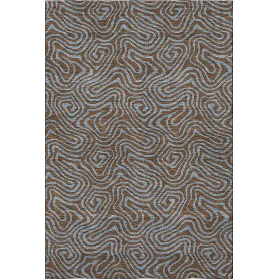 Brown And Sky Blue Abstract Washable Area Rug With UV Protection Photo 2