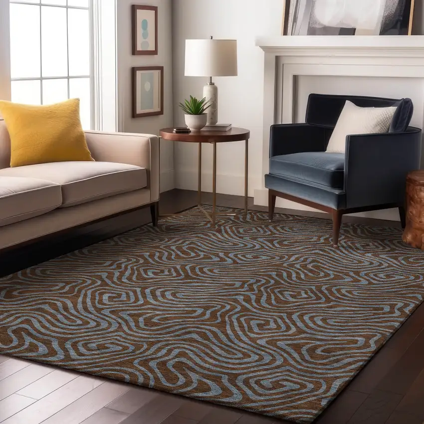 Brown And Sky Blue Abstract Washable Area Rug With UV Protection Photo 4