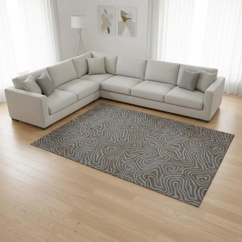 Brown And Sky Blue Abstract Washable Area Rug With UV Protection Photo 2