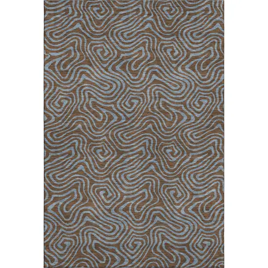 Brown And Sky Blue Abstract Washable Area Rug With UV Protection Photo 1